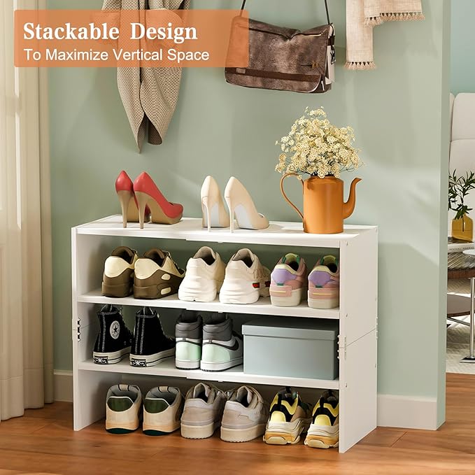 White Shoe Rack Organizer for Closet, 3-Tier Expandable Shoe Shelf, Stackable Iron Wood Combination Shoe Racks Shelves for Closets, Entryway,Small Space,Hallway,Garage,Holds 8-16 Pairs of Shoes-NeatNest