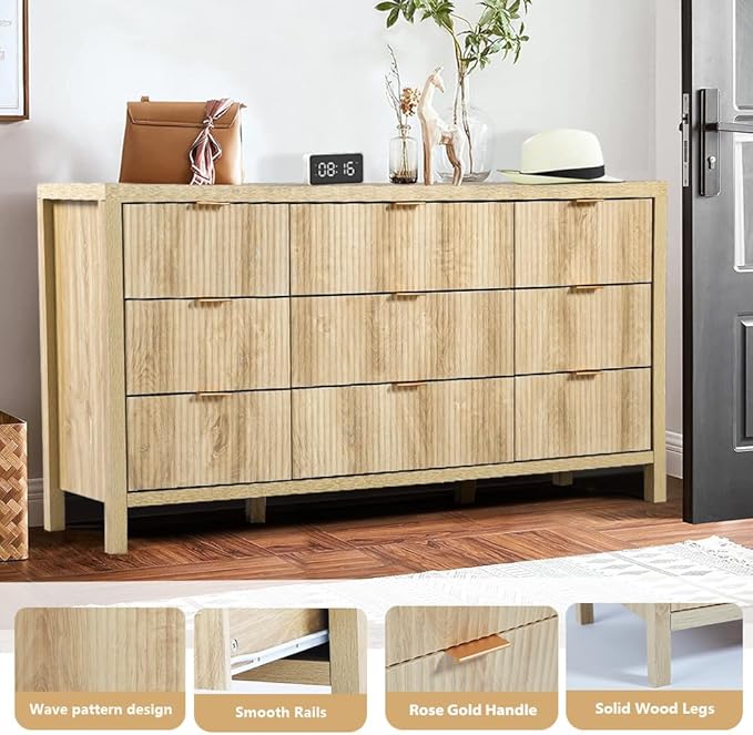 9 Drawer Dresser Cabinet, Long Nightstand with Drawers and Storage Cabinet, Boho Solid Wood Dresser TV Stand, Mid Century Modern Nightstand with 9 Drawer Dresser for Bedroom Closet (Natural)