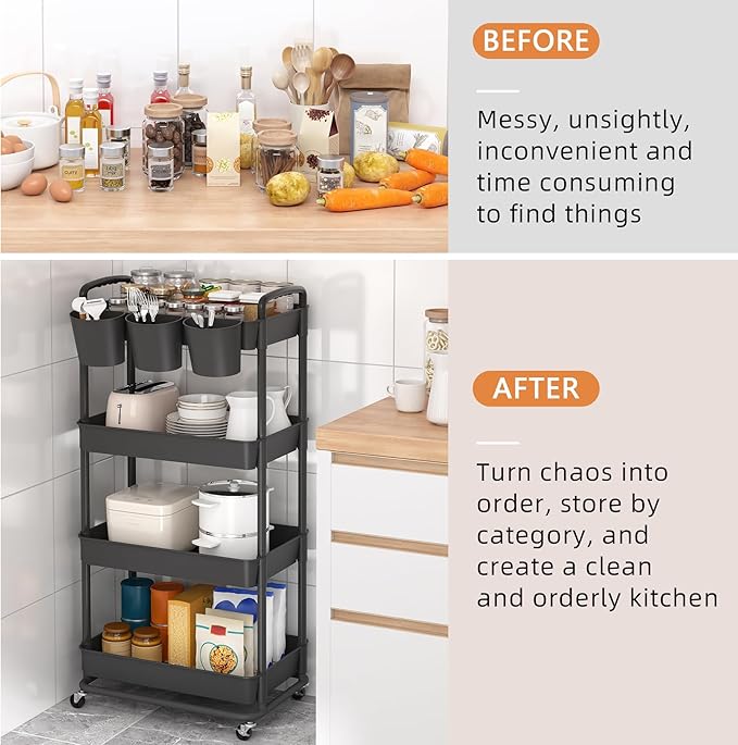 JIUYOTREE 4-Tier Plastic Rolling Storage Cart Utility Cart with Extra Hanging Cups Handles Lockable Wheels for Living Room Bathroom Kitchen Office Black-NeatNest