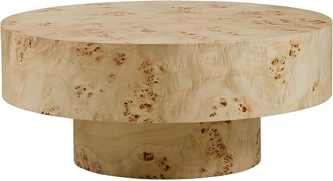 kevinplus 31.49'' Round Coffee Table Modern Wood Coffee Table for Living Room, Contemporary Circle Fluted Drum Pedestal Style, Burl Wood Veneer, Easy Assembly, Natural (ø31.49'' x 13.77'')