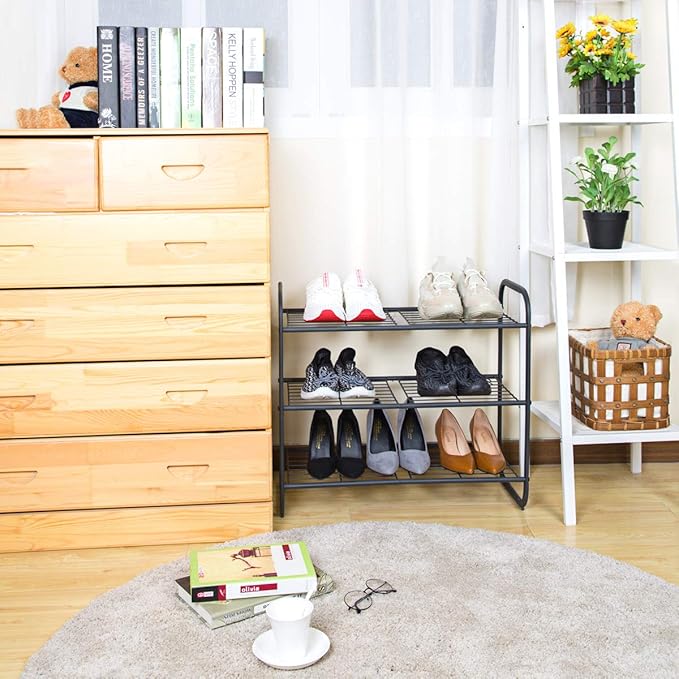 MAX Houser 3-Tier Metal Shoe Rack, Free Standing Shoe Storage Organizer, Wire Grid Shoe Tower for Closet Bedroom, Entryway, Gunmetal-NeatNest