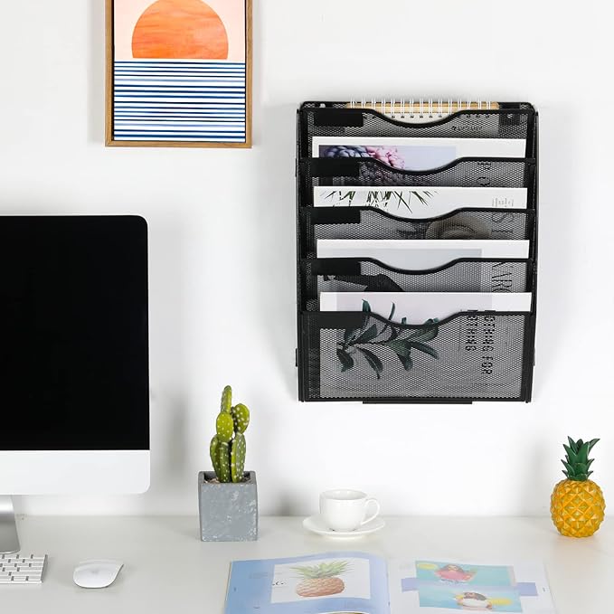 EasyPAG 5 Pocket Wall File Organizer, Black | Metal Mesh Wall Mounted File Holder | Assembly Hanging Mail Organizer | Replaceable Classify Labels | Office Home Letter Size Paper Storage