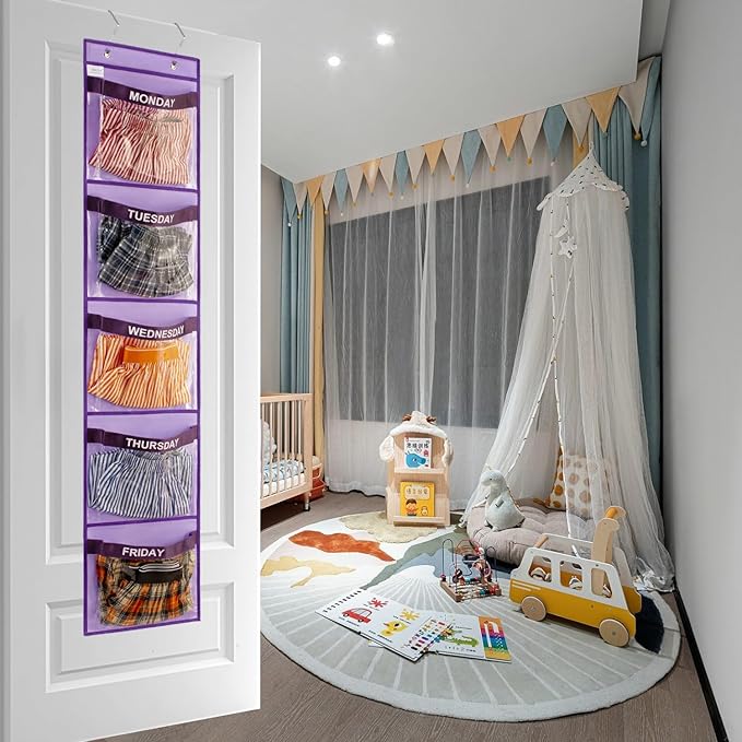 Day of Week Kids Clothes Organizer Weekly Hanging Closet Organizer Monday to Friday School Clothing Storage (PURPLE)-NeatNest
