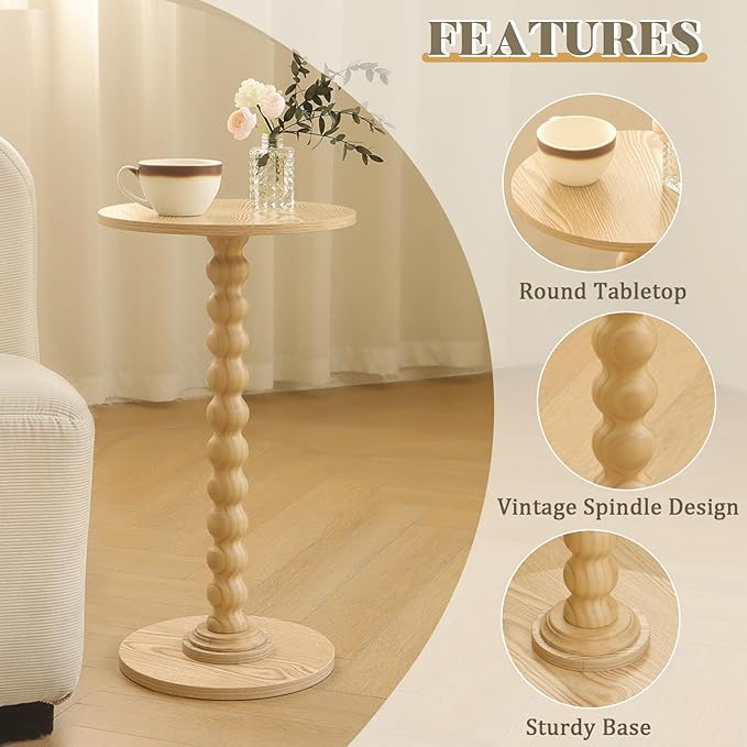 Round Side Table, Small Drink Table for Small Spaces, Modern Accent End Table with Solid Wood Leg for Living Room, Bedroom, Corners, and Office (Natural)