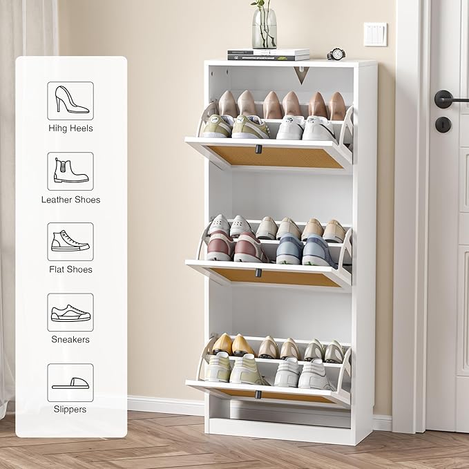 Rattan Shoe Cabinet with 3 Flip Drawers,Narrow Shoe Rack Cabinet with Adjustable Shelves,3 Tier Shoe Storage Organizer for Hallway,Entrance,White-NeatNest
