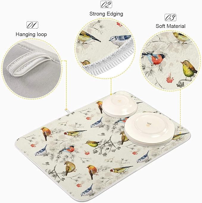 Absorbent Dish Drying Mat Microfiber Dish Drying Pad Reversible Drainer Mats for Countertop, Spring Cute Birds Kitchen Counter Decor, 16'' x18''