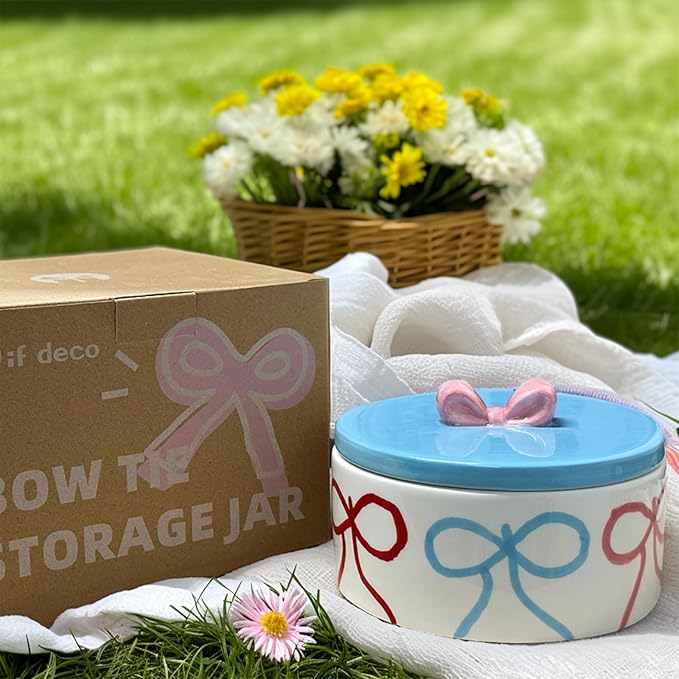 Cookie Jars with Lid Airtight, Wide Mouth Large Ceramic Food Storage Containers, Hand-Drawn Bow Kitchen Canisters for Countertop, Suitable for Home Decor of Coffee, Sugar, Tea, Flour, Dog Treat-NeatNest