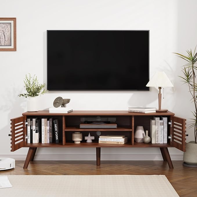 53" Mid Century Modern TV Stand for 50/55/60 inch TV, TV Media Console with Slatted Doors for TVs up to 60", Entertainment Center with Storage for Living Room, Bedroom, Walnut-NeatNest