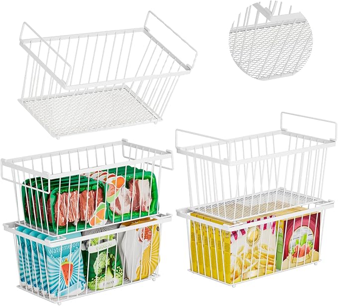 5 Pack Stackable Deep Freezer Organizer Bins ,Upgraded Bottom Leak-Proof net,Encryption and Hardening , Freezer Organizer Bins for 7 Cu.FT Small Chest Freezer, Easy Get Bottom Foods