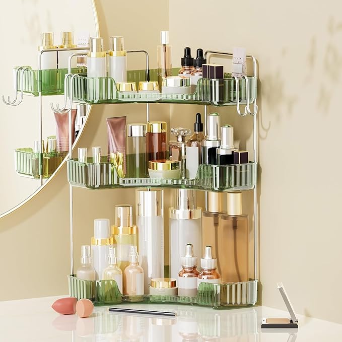 Makeup Organizer for Vanity 3-Tier Corner Bathroom Organizer Countertop with Hooks Bathroom Countertop Perfume Organizer Corner Bathroom Counter Corner Storage-Green-NeatNest
