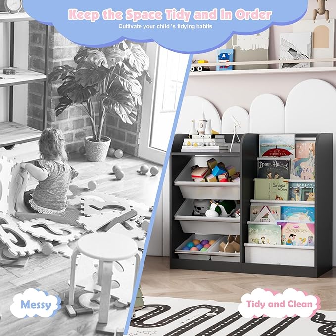 Black Kids Wood Bookshelf Toy Storage Box Organizer Shelf W/4 Removable Plastic Toy Bins Children Bookcase Toddler Baby Sling Book Rack Cabinet Chest Girl Boy Gift Playroom Classroom Bedroom Nursery-NeatNest