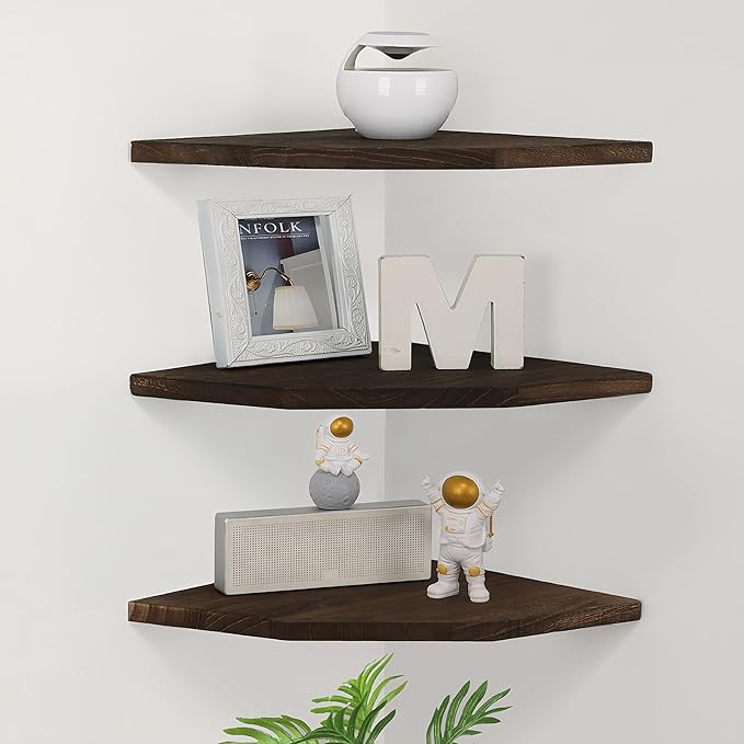 Corner Wall Shelves, Wood Corner Floating Shelves with Cable Raceway, Wall Mount Storage Display for TV Accessories, Monitor, Speaker (Carbonized Dark Brown, Diamond- 10 Inch)-NeatNest