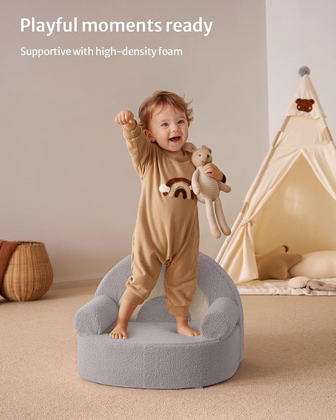 Blissful Diary Toddler Chair Comfy, Foam Kids Chair with Soft Teddy Plush, Toddler Reading Armchair for 1 2 3+ Year Old Girls Boys Baby Birthday Gift, Light Gray Arclet-NeatNest