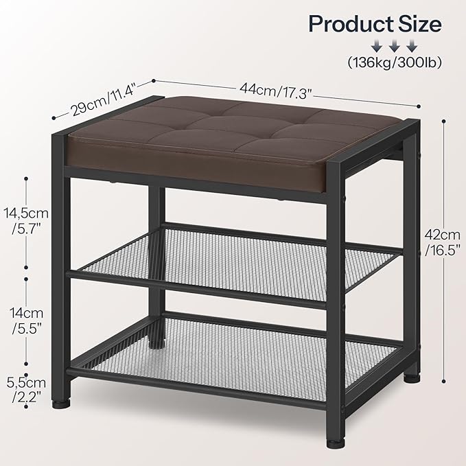 HOOBRO Small Shoe Bench, 3-Tier Shoe Rack, Shoe Storage Bench with PU Seat Cushion, Entryway Shoe Rack Bench with Metal Mesh Shelves, Freestanding Shoe Organizer for Hallway, Brown CB33HX01