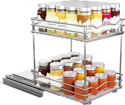 BBV Spice Rack Organizer, Double layer Seasoning Organizer for Cabinet Countertop, Kitchen, Pantry, Sliding Metal Chrome Spice Organization (9 inch)-NeatNest
