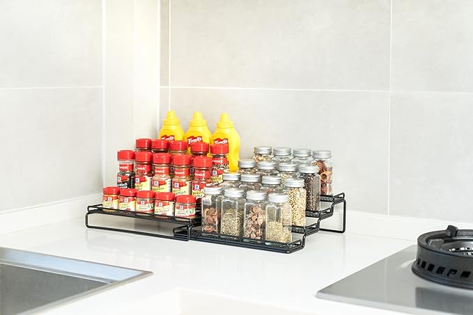 GONGSHI Spice Rack Organizer for Cabinet, Pantry and Countertop, 4 Tier Expandable Seasoning Shelf for Cabinet, Black-NeatNest