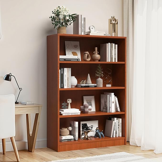 Farini 48 Inch Tall 4-Shelf Bookcase, Wood Bookshelf Storage Organizer Adjustable Shelf for Home Office, Study Room, Easy Assembly,Cherry