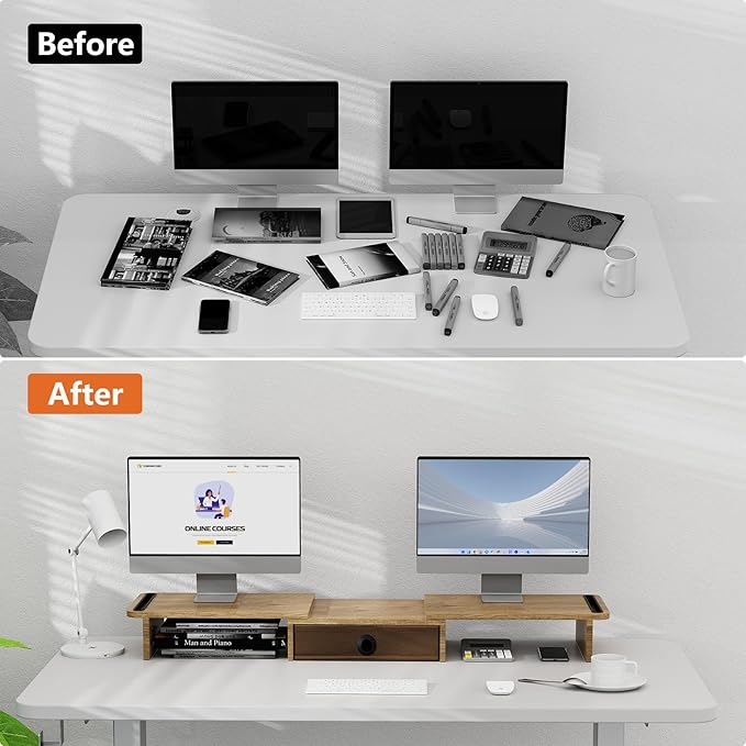Dual Monitor Stand Riser with Drawer-Adjustable Length and Angle, Monitor Stand Riser for 2 Monitors, Desktop Organizer Stand for Computer/Laptop/PC/Printer (Oak)