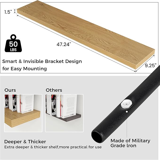 Floating Shelves for Wall, 48"W x 9"D x 1.5"H, 2 Pack of Long Wall Mounted Engineered Wood Shelves with Invisible Brackets for Living Room, Bedroom, Bathroom, Kitchen Decor and Storage, Oak-NeatNest