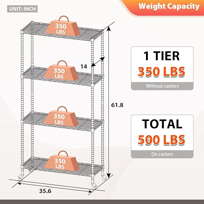 FDW Wire Shelving Storage Shelves 4-Shelf Adjustable NSF Wire Shelf Heavy Duty Storage Shelving Unit on 3” Wheel Casters Commercial Metal Rack 36L x 14W x 62H,Black