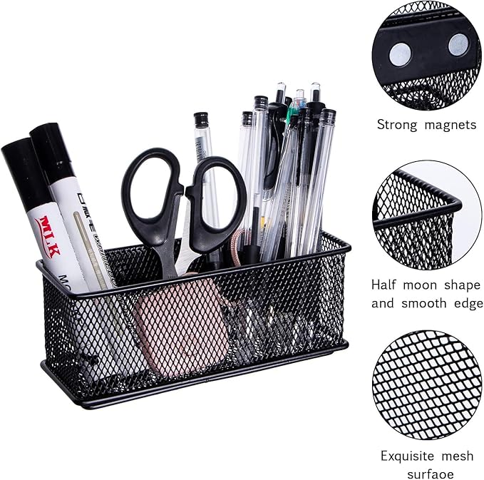 dedoot Magnetic Pencil Holder, Black Mesh Pen Organizer Strong Magnetic Storage Basket Organizes Pens, Pencils, Markers for Whiteboard, Locker, Fridge, Cubicle Desk, Offices 6.3x2.3x2.6inch,2 Pack-NeatNest