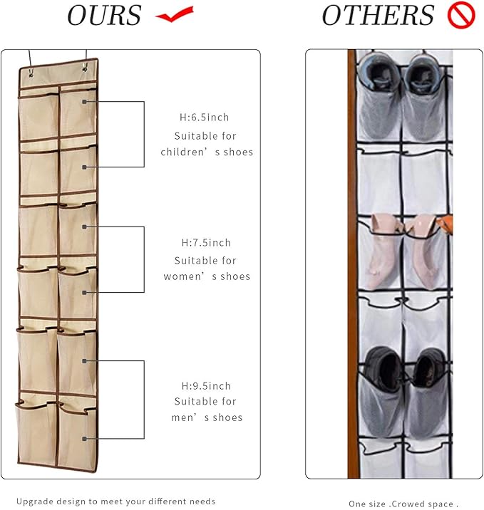 KEEPJOY Over The Door Shoe Organizer,Hanging Shoe Organizer 12 Mesh Pockets Shoe Organizer for Closet,Works Well for Men and Woman Kids Shoes Storage, 57.5Ă12.6inch(Beige)-NeatNest