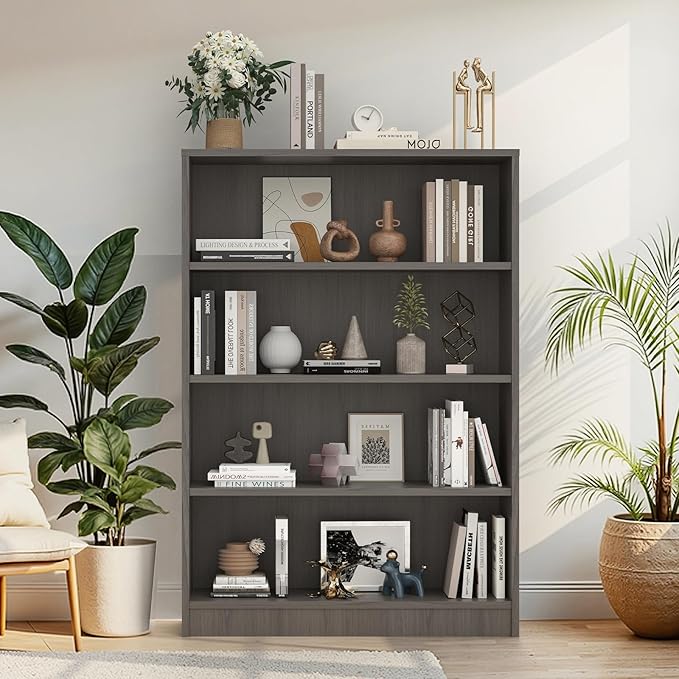 Farini 48 Inch Tall 4-Shelf Bookcase, Wood Bookshelf Storage Organizer Adjustable Shelf for Home Office, Study Room, Easy Assembly,Grey