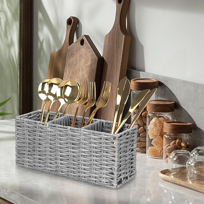 Ayiaren Grey Plastic Cutlery Silverware Holder Small Utensil Organizer Holders for Kitchen Counter Party Flatware Caddy Table Silverware Organizer Basket Spoon Knife Fork Holder Picnic Utensil Caddy-NeatNest