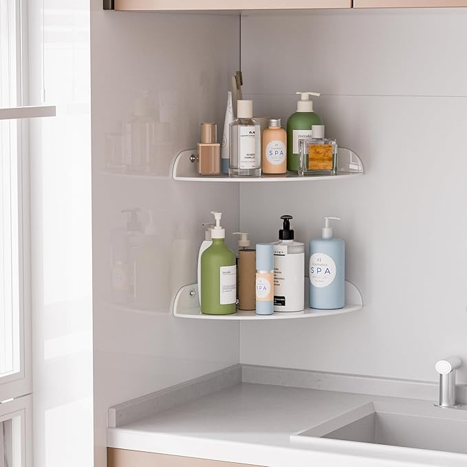 9.5x9.5 Inch Acrylic Corner Floating Shelf Set of 2, White Corner Wall Shelf for Home Décor, Speakers, Security Cameras, Toileries, Plants, Figures, Cosmetics, Books