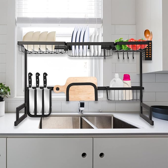 Over Sink Dish Drying Rack, 2 Tier Dish Drying Rack for 33.4", Versatile Dish Drainer Rack, Utensils Holder Kitchen Counter Storage Organizer, Countertop Space Saver, Stainless Steel