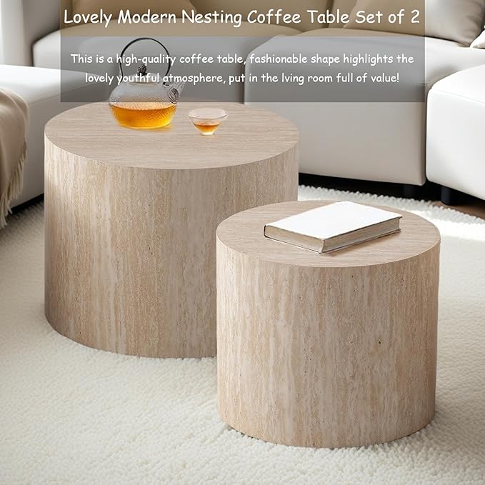 Modern Round Nesting Coffee Table Set of 2, Vertical Stripe Design Drum Coffee Table Cocktail Table, Round Side Table for Living Room, Bedroom, Office, Balcony (B14.6+18.1")
