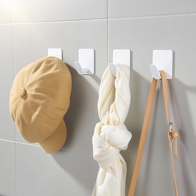 DELITON 4 Pack Adhesive Towel Hooks - White Heavy Duty Self Adhesive Hooks Stick on Wall Hanging Robes Coats Clothes for Bathroom Bedroom Kitchen Door, Stainless Steel-NeatNest