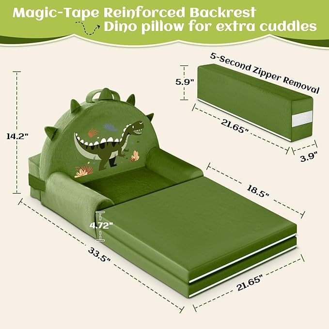 Dinosaur Kids Sofa Bed with Removable Washable Cover & Hook and Loop Backrest – Foldable Toddler Chair, Cozy Crystal Velvet Furniture for Playtime, Naps & Travel (Dark Green, Dino Design)-NeatNest