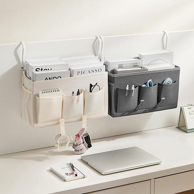 Bedside Organizer Caddy, Bed Organizer with 3 Pockets and Mesh Side Pocket, Great for College Dorms and Hospital Beds, Gray, 2 Pack-NeatNest