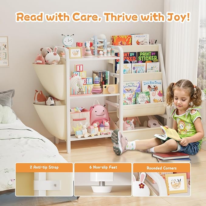 B3 Kids Bookshelf and Toy Storage, Book Shelf for Kids Rooms, Toddler Bookshelf for Small Spaces, 3-Tier Sling Montessori Baby Bookcase for Nursery, Bedroom, Playroom, White