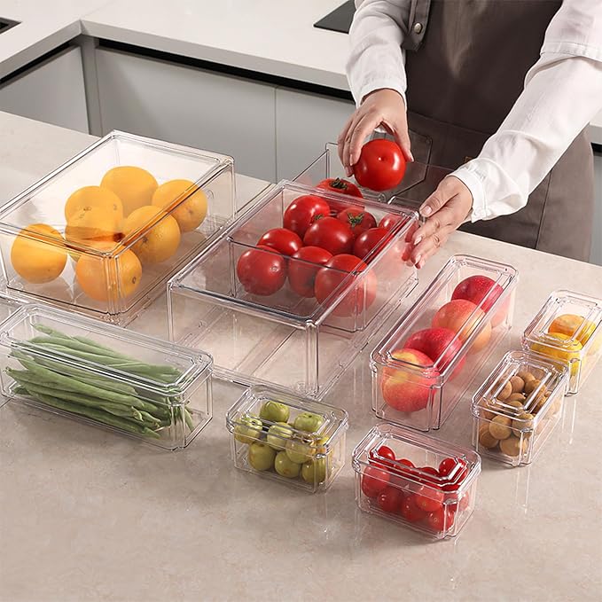 YINGRACE 7 Pack Fridge Organizer Bins, Stackable Refrigerator Organizers and Storage, With a Pull-out Drawer, BPA-Free Clear Containers For Fruit, Vegetable, Drinks