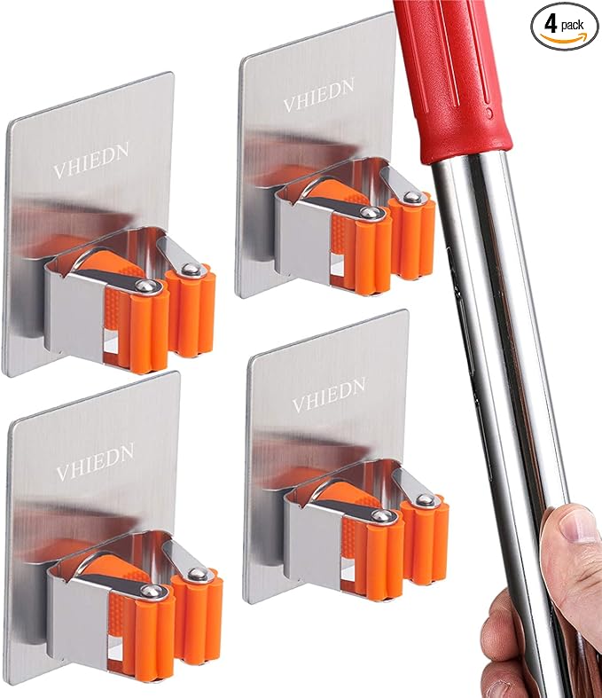Broom and Mop Holder Wall Mounted, Stainless Steel Self-Adhesive Single Broom Hanger Hook,Organizer Rack for Kitchen Garage Closet Pantry Refrigerator,Rectangle - Orange (4 Pack)