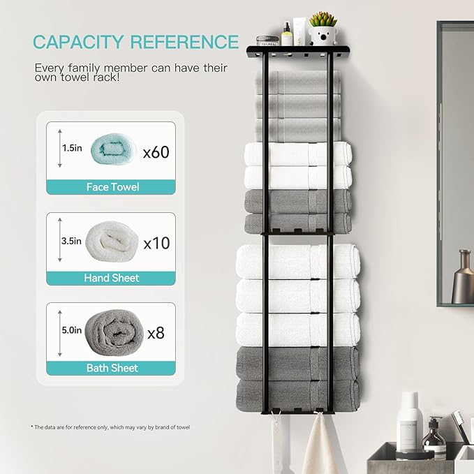 Towel Racks for Bathroom, 36.6 inch Metal Towel Storage, 8 Large Bath Towels Capacity, 3-Tier Towel Holder for Bathroom, with Shelf & 6 Hooks, Wall Mounted Towel Rack for Rolled Towels, Black