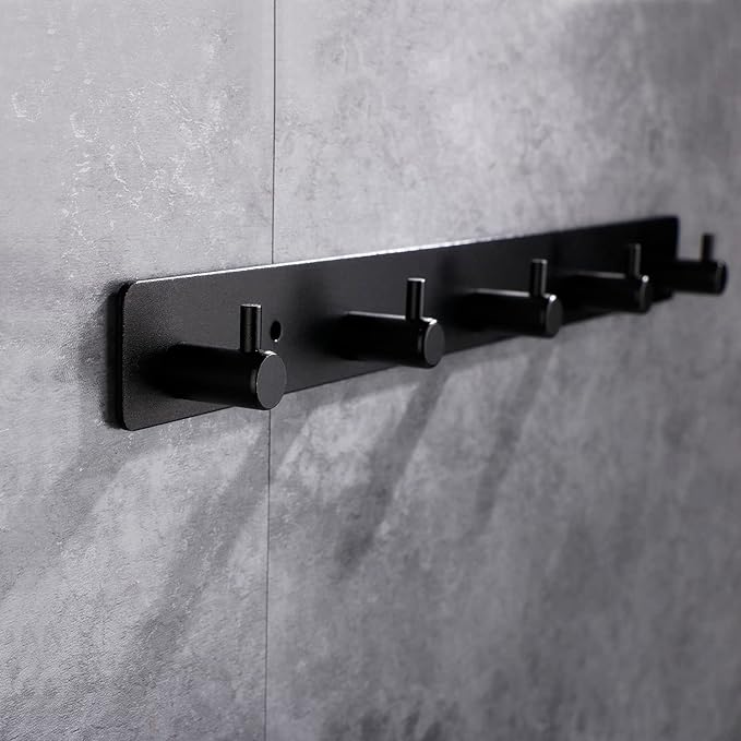 Adhesive Bathroom Black Hook Rail, 5 Matte Black Wall Key Hooks Rack Hanger Towel Robe Stick Door Hooks for Bathroom Toilet Entryway Hallway Kitchen Wall Mounted