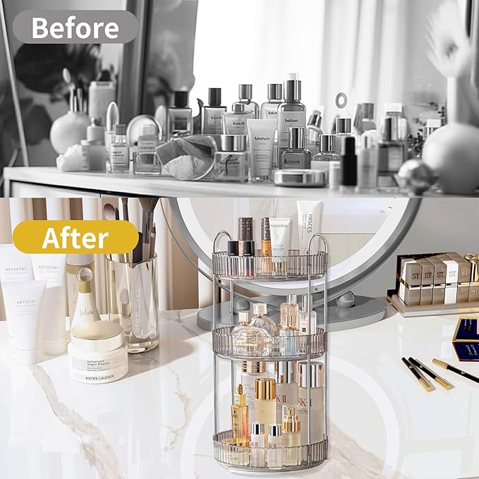 360 Rotating Makeup Organizer,3 Tier Large Capacity Make Up Organizers and Storage,Makeup Organizer for Bathroom,Cosmetic Perfume Stand Organizer(Grey-3 Tier)-NeatNest