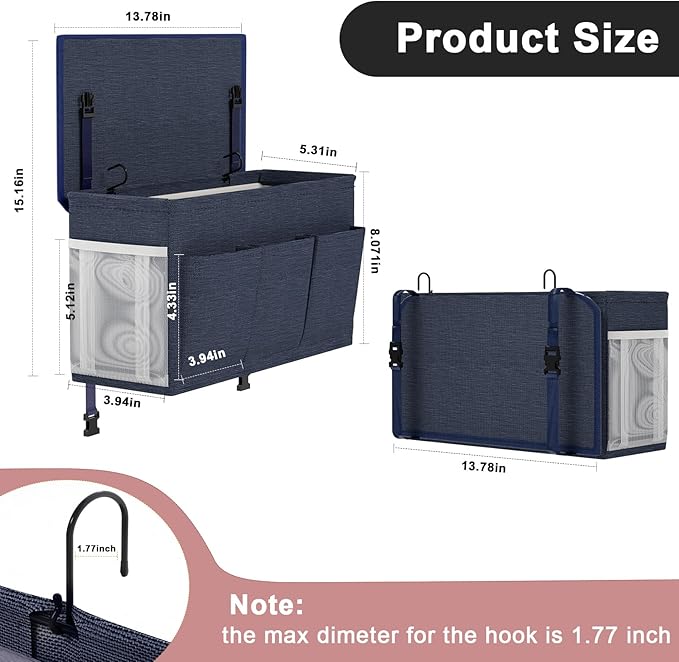 Dual-purpose Bedside Caddy Bedside Organizer, Bed Caddy with 6 Pockets, Versatile Bedside Storage Solution Magazine Remotes holder, ideal for Home, Dorm, Hospital, Crib Bed (Navy)-NeatNest