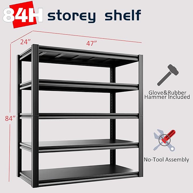 5-Tier 47" W x 24" D x 84" H Garage Shelving 3000LBS Storage Shelves Heavy Duty Metal Shelf Unit Adjustable Basement Industrial Storage Racks-NeatNest