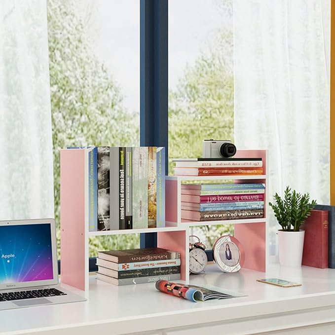 Desktop Shelf Organizer, Adjustable Wood Office Storage Rack, Counter Display Small Bookshelf for Home/Office/School(Pink)-NeatNest