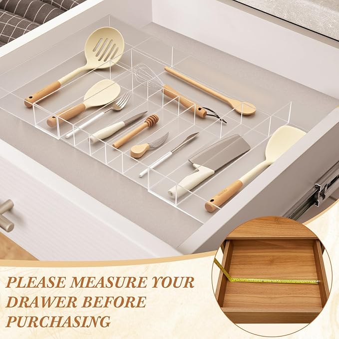 Expandable Kitchen Drawer Organizer Clear Acrylic Utensil Organizer Adjustable Acrylic Silverware Storage for Kitchen Drawers Silverware Flatware Knives (9-11 Compartments,18.5 x 17.4 Inches)