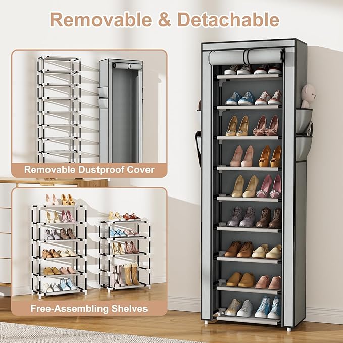 Shoe Rack with Cover Narrow Shoe Rack Organizer with 4 Side Pockets 10 Tier Tall Shoe Storage Shoe Shelf Holds 18-22 Pairs Shoes and Boots Shoe Rack for Closet, Grey-NeatNest