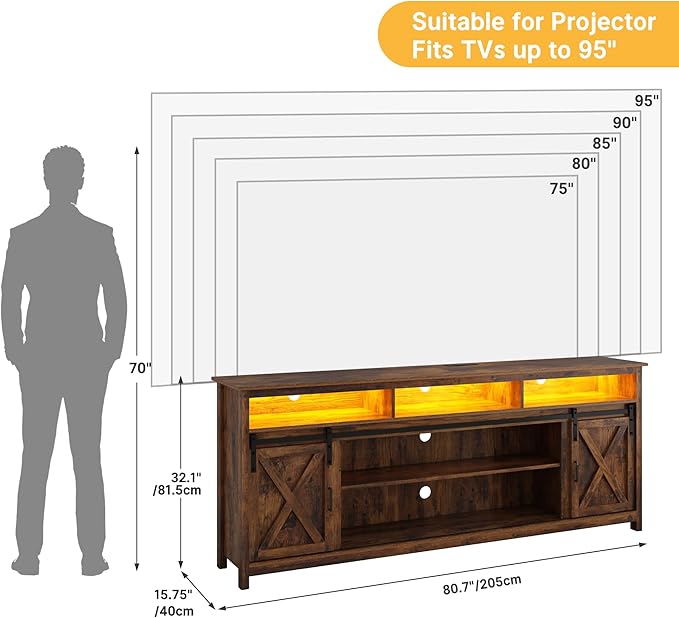 80in Wooden Farmhouse Entertainment Center for 90/85 inch TV,Double Layer Storage Farmhouse TV Stand,Double-Row Sockets with Wood Sliding Barn Door TV Stand(Double Layer Vintage Brown)-NeatNest