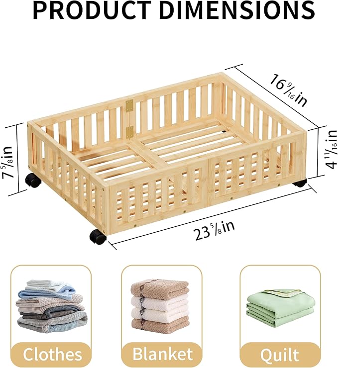 Bamboo Under Bed Storage with Wheels (2-Pack) – Rolling Underbed Shoe Organizer Box for Shoes, Blankets, Toys, Clothes Container Space-Saving Organizer Bins for Bedroom, Closet, Dorm, Nursery-NeatNest