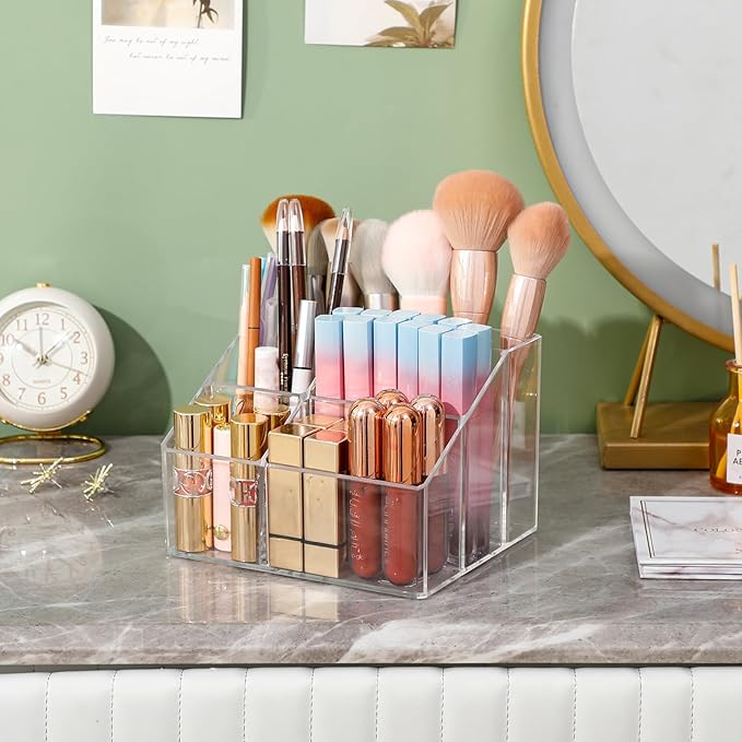 Yesesion Clear Makeup Organizer with 5 Compartments, Plastic Bathroom Counter Storage for Skincare, Toothbrush, Cosmetics Brushes, Palette, Lipsticks, Hair Accessories Holder for Vanity Dresser-NeatNest