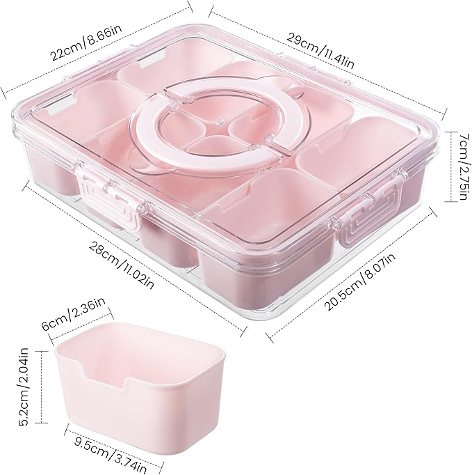 Divided Serving Tray with Lid and Handle - Snackle Box Charcuterie Container for Portable Snack Platters Organizer for Candy, Fruits, Nuts, Snacks - Perfect for Party, Entertaining, Pink-NeatNest