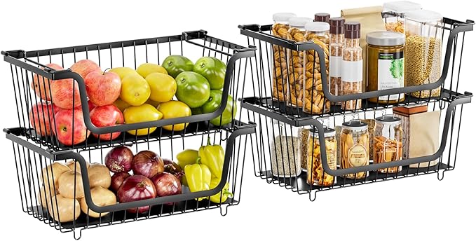 4 Pcs Stackable Wire Baskets for Pantry Organizers and Storage,Kitchen Storage Metal Baskets,Produce Potato Onion Storage Bin,Vegetable Fruit Basket for Countertop,Black
